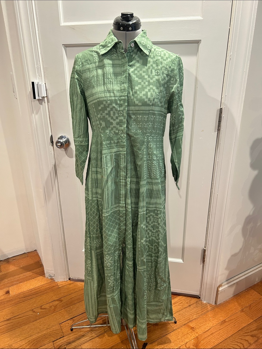 Julia India Amory JA Shirt Dress Summer Maxi Button Down Cotton Green Heritage S